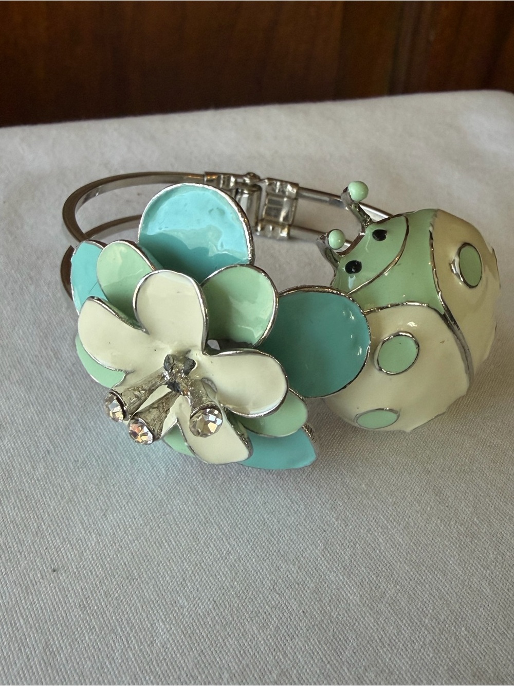 Statement Ladybug Flower Enamel Hinged Cuff Bracelet Rhinestone